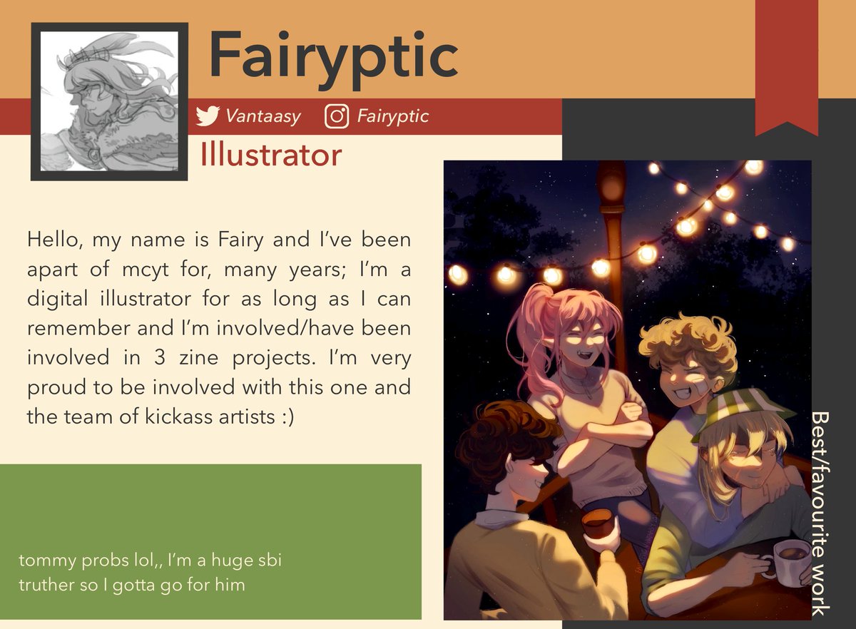 benchtriozine's tweet photo. Contributor Spotlight Time✨

🌻@Vantaasy

“Hello, my name is Fairy and I’ve been apart of mcyt for many years; I’m a digital illustrator for as long as I can remember…”

Their favorite member is Tommy! https://t.co/9A8QPvLkbB