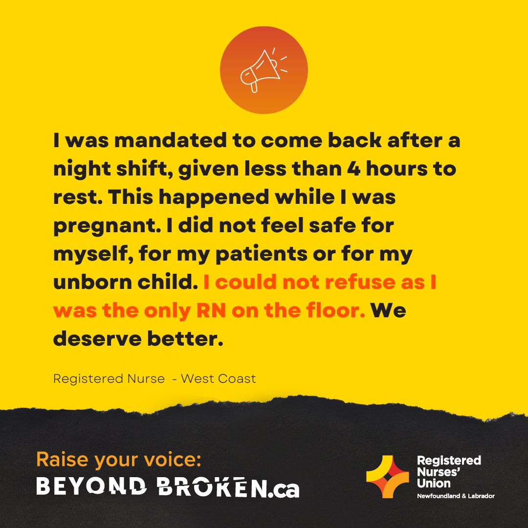 “I was mandated to come back after a night shift, given less than 4 hours to rest. This happened while I was pregnant. I did not feel safe for myself, for my patients or for my unborn child. I could not refuse as I was the only RN on the floor. We deserve better.”