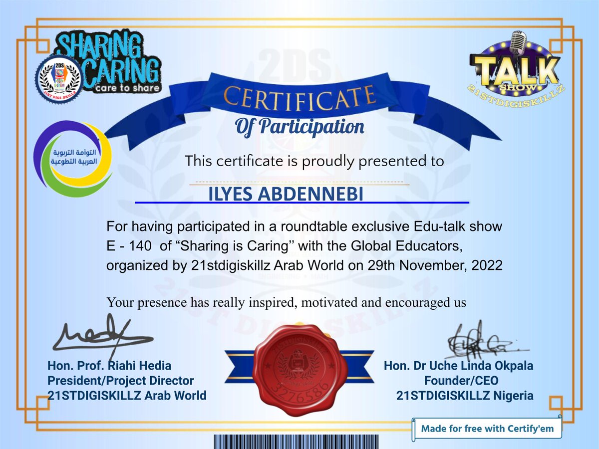 IlyesAbdennebi1's tweet photo. Certificate of participation in education- interactive webinar: #ThrivingWednesdaySharingIsCaringEduTalkShow organized by #21stdigiskillzarabworld.
#microsoftmieexper
#21stdigiskillz
#facebookdirect https://t.co/glRifHIdR0