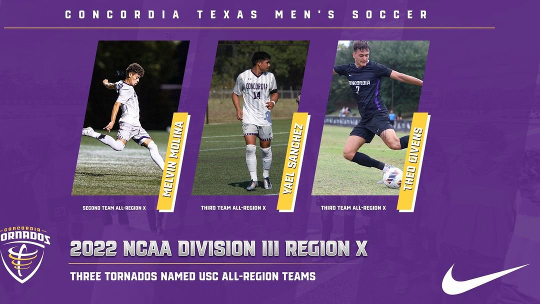 Congratulations to Melvin Molina (2nd-Team), Yael Sanchez (3rd-Team) &amp; Theo Givens (3rd-Team) for being selected to the <a href="/UnitedCoaches/">United Soccer Coaches</a>’ All-Region Teams!

The three nominations marks the most in a single season for <a href="/CTXmenssoccer/">Concordia TX Men's Soccer</a>! #TornadoNation 

📰: bit.ly/3GYTFRH