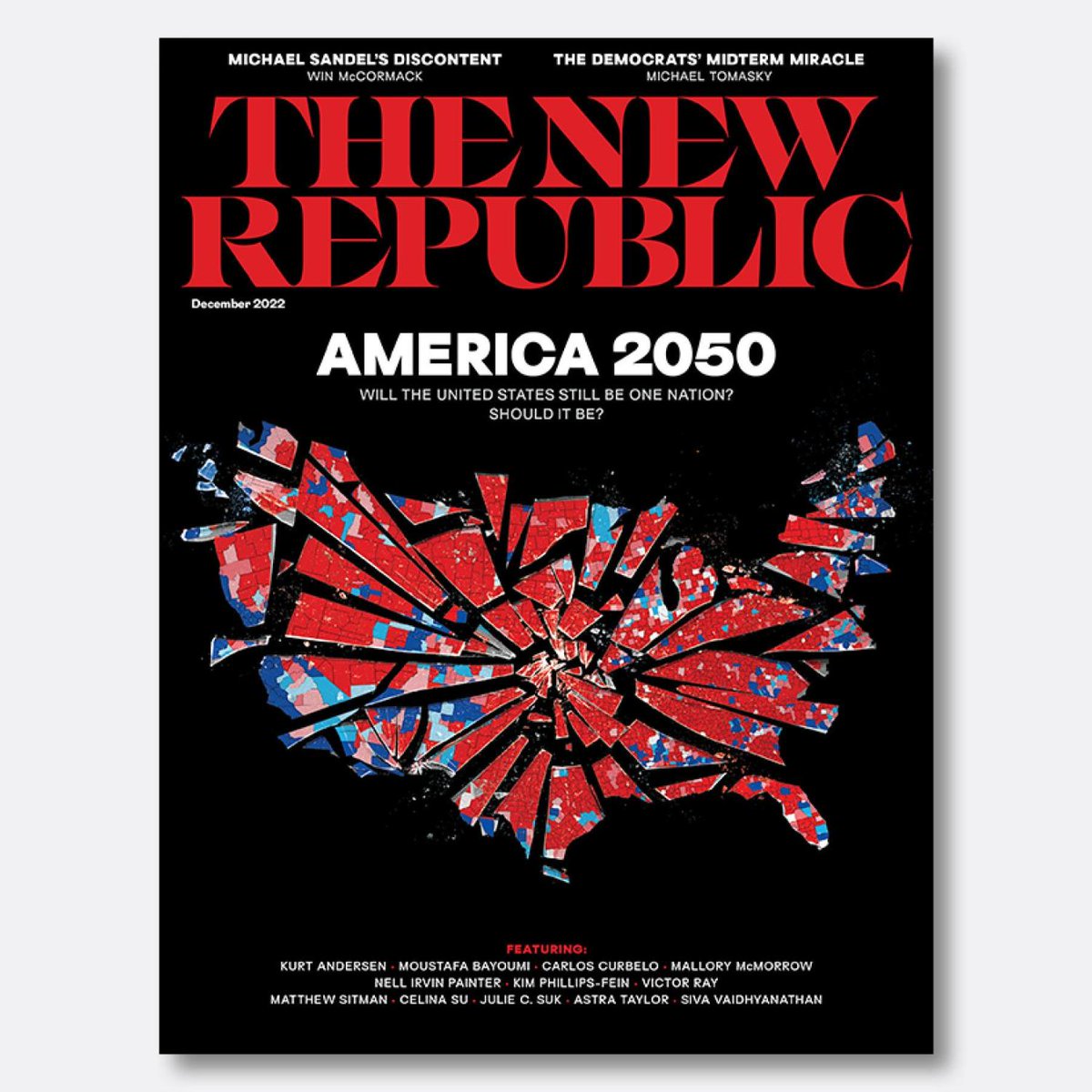newrepublic's tweet photo. For our December issue, available today, we asked 12 people we admire—writers, academics, politicians, activists—to imagine that it’s 2050. Does the United States of America still exist in its current form? https://t.co/IvXMrwNl4z 

Cover illustration by @dougchayka https://t.co/zmIx7KOagh