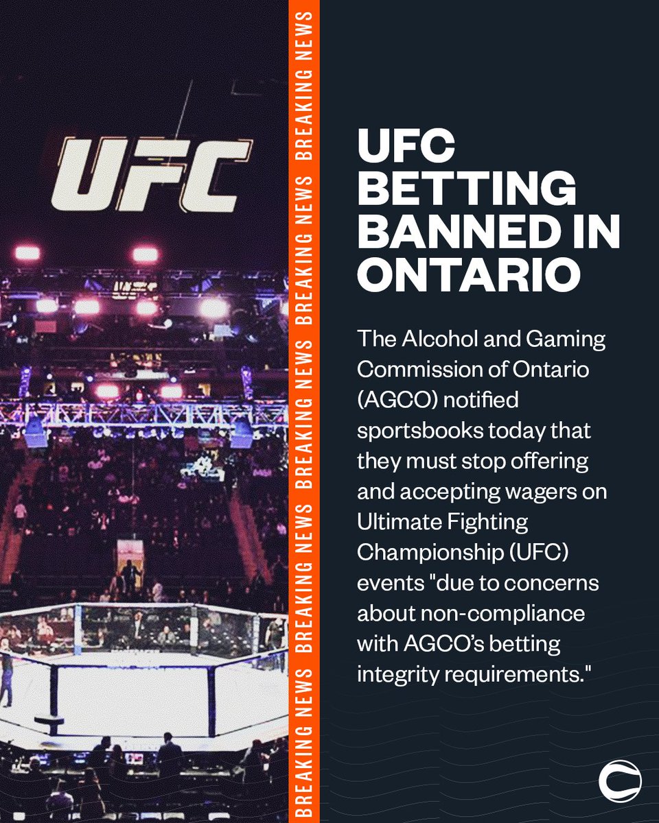 Covers's tweet photo. Due to "concerns about non-compliance", Ontario bettors will no longer be able to place wagers on UFC events. https://t.co/xhCffBkUq6