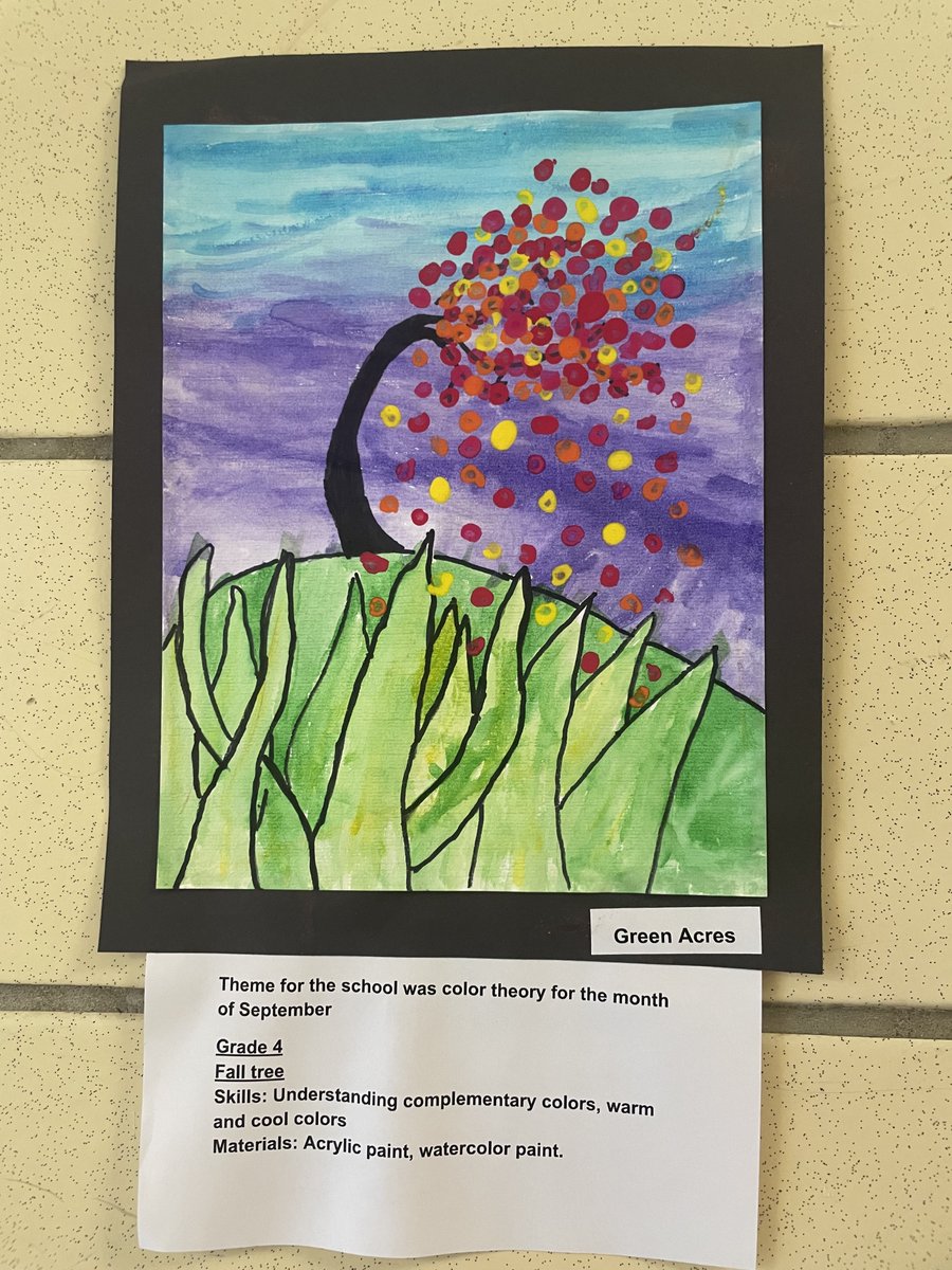 🖌️ 🎨 New month, new artwork gracing the district office stairway. To kick off the year, students at Green Acres worked on color theory. This is a sample of that work. Thanks to the students and art teacher Kala Kumar for brightening our office with this colorful, creative work.