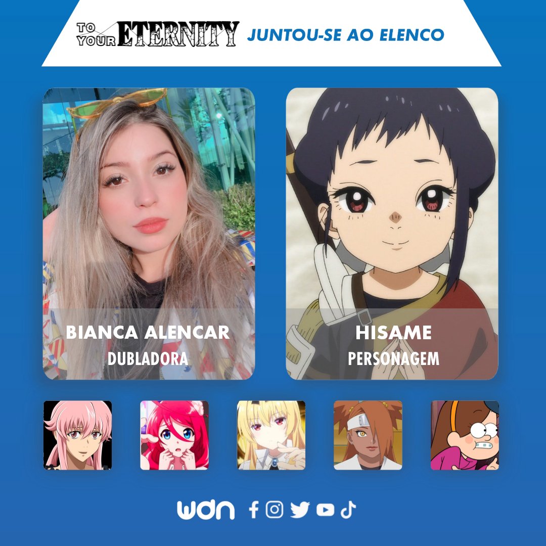 WDN - World Dubbing News on X: 🦊 Novos dubladores juntam-se ao elenco de To  Your Eternity: 🪢 José Leonardo (@leo_perninha) como Fushi (Adulto) 🪢  Bianca Alencar (@biancaalencarof) como Hisame  /