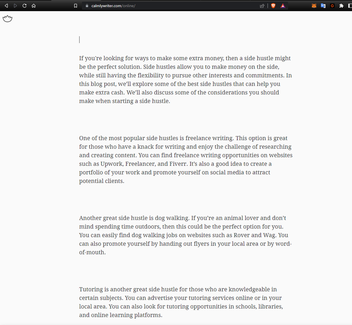 wibbleoth's tweet photo. Playing around w/ Chrome Extensions 👀
that injects into a webpage + automatically write content via GPT-3. Like this side hustle blog piece written by AI. input: foolproof side hustles

Writes as good as any hooman? 
I wouldn't spot the difference if I read it

cc: @_buildspace https://t.co/qeOnVJTBOo