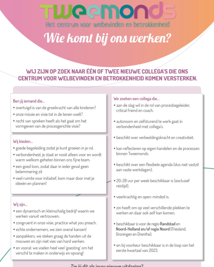Wij zijn op zoek naar nieuwe collega's die ons Centrum voor welbevinden en betrokkenheid komen versterken. zie jij dat als jouw nieuwe uitdaging?

Delen wordt gewaardeerd. 

lnkd.in/eQnC8j_5
