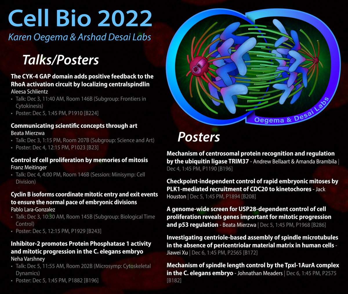 Oegema/Desai Labs (@oegemadesai_lab) on Twitter photo We are excited to present our work at #CellBio2022! Mark your calendars for these talks/posters by our current lab members and recent alumni, including @AleesaSchlientz <a href="/beatascienceart/">Beata Science Art</a> <a href="/Meitinger/">Franz Meitinger</a> @xtpablo <a href="/neha_var/">Neha Varshney</a> <a href="/LatinaBiologist/">Amanda</a> <a href="/JiaweiXu_/">Jiawei Xu 徐嘉尉</a>. Looking forward to seeing you all! We are excited to present our work at #CellBio2022! Mark your calendars for these talks/posters by our current lab members and recent alumni, including @AleesaSchlientz <a href="/beatascienceart/">Beata Science Art</a> <a href="/Meitinger/">Franz Meitinger</a> @xtpablo <a href="/neha_var/">Neha Varshney</a> <a href="/LatinaBiologist/">Amanda</a> <a href="/JiaweiXu_/">Jiawei Xu 徐嘉尉</a>. Looking forward to seeing you all!