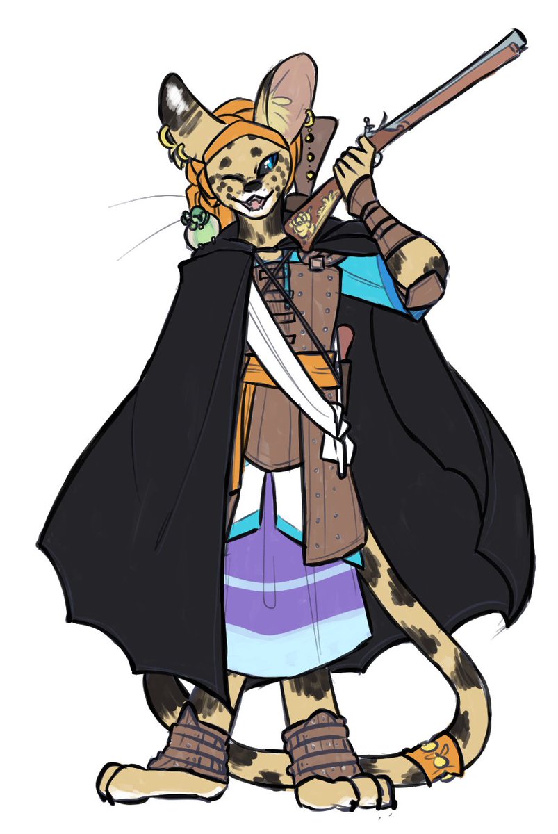 cutestpigeon's tweet image. more dnd doodles ayyy, we got a bunch of new gear so I wanted to draw Dani with it all! and also a doodle of a joke that's only funny to like three people who have the context, but here it is :)