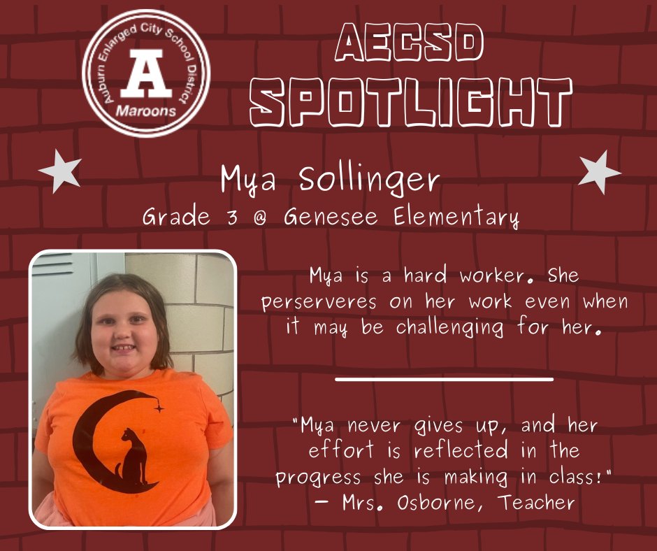 AuburnECSD's tweet photo. Mya Sollinger is a hard worker. She perseveres on her work even when it may be challenging for her.
“Mya never gives up, and her effort is reflected in the progress she is making in class!” – Mrs. Osborne
#GESpride #AECSDpride #AECSDspotlight https://t.co/cQ0rS0rbqB