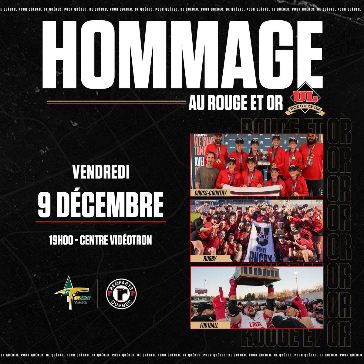 Les Remparts rendront hommage aux équipes championnes du Rouge et Or, le 9 décembre prochain! Les partisans auront la chance de participer à une séance photo exclusive avec l’équipe de football et la Coupe Vanier! 🏆

Plus de détails » bit.ly/3VDVFCI
