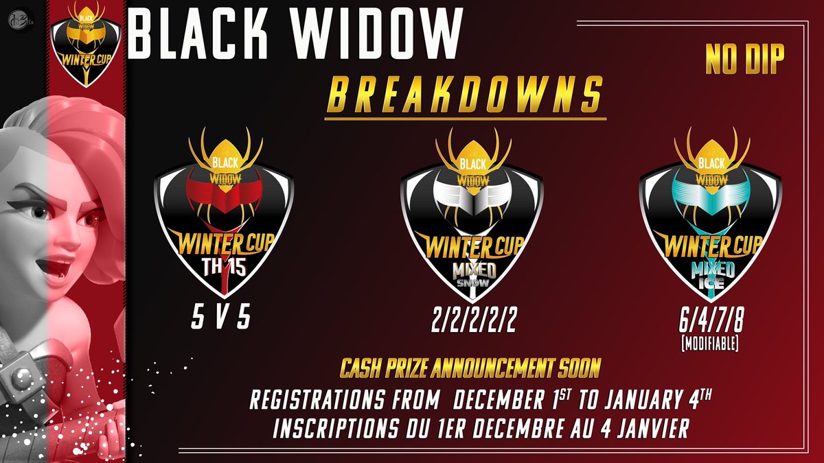 ❄️⚔️
Winter Cup is back !!

Registration are open until Wednesday, January 4th.

Join now !
📎 discord.gg/d963sGx

Clash On ⚔️
#BlackWidow #Coc #esport #WINTER 
#ClashOfClans #back