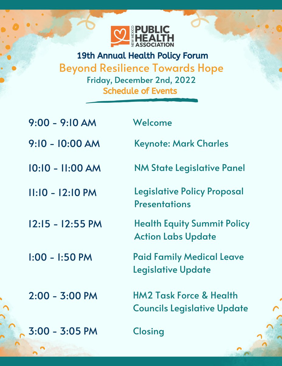 There's still time, REGISTER TODAY! bit.ly/3OP8Hew
Here is the Schedule of Events for NMPHA's 19th Annual Health Policy Forum: