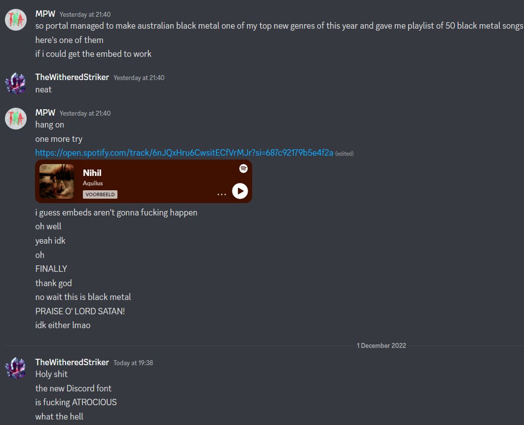 WitheredStriker's tweet photo. Holy shit, the new Discord font is the most atrocious and repulsive crap I've ever seen what the hell

#Discord #DiscordFont https://t.co/4S2YviaqW1