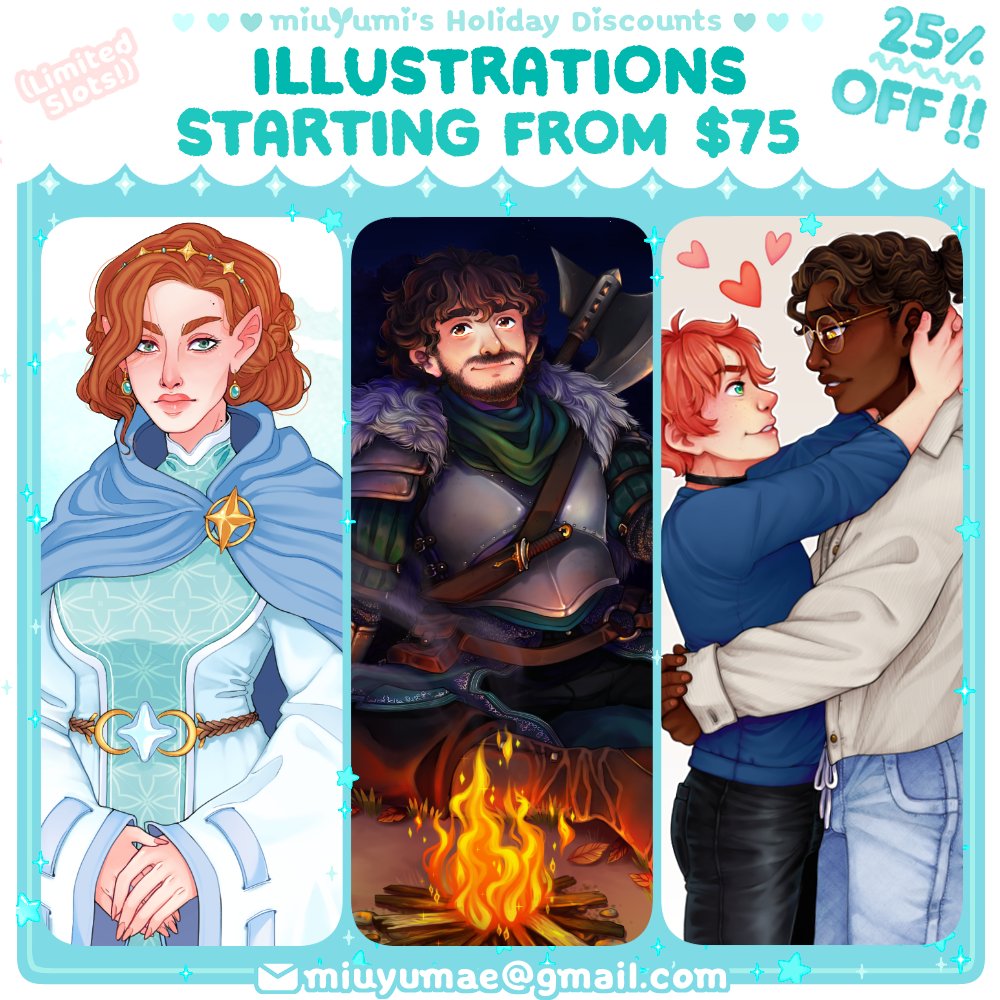 miuyumae's tweet photo. More about my 'Black Friday' discounts on my commissions till' December 25th!! ❄️✨

If you are interested in getting some personal art, D&amp;D illusts or Twitch art done, email me at miuyumae@gmail.com! 🌟

You can find more of my work on my website: https://t.co/CNLu1RKpGR 💙 https://t.co/Y31ksDNhzu