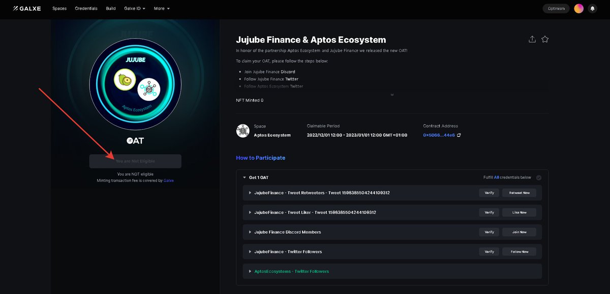 Minting NFTs from <a href="/JujubeFinance/">Jujube.Finance | Sui Testnet Live</a> 

What we do:
1. Go galxe.com/AptosEcosystem…
2. Do simple tasks - follow, like, retweet
3. Claim