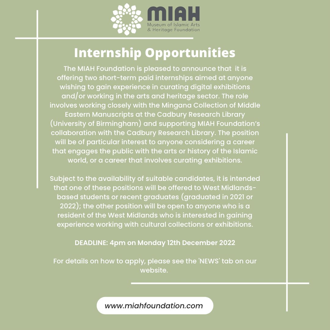 FoundationMiah's tweet photo. 📢📢 The MIAH Foundation is pleased to announce two paid internships. This is a great opportunity involving the curation of a digital exhibition. Application deadline is *MONDAY DECEMBER 12th 4PM*  For further details on how to apply click here: https://t.co/oj7yfguBID https://t.co/f4cZcmKuzG