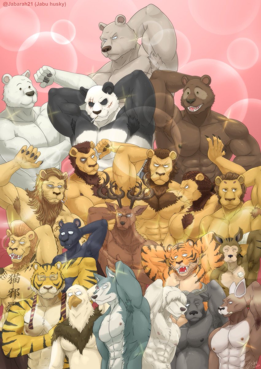 Beastars  males S1 &amp; S2
(Some with design between anime and manga versions)
-
🦁🦁🦁🐼🐺🦌🐾🦁🦁🦁🐯🐯🐈‍⬛🐺🐶🦘🐃🦅🐻🐻🐻
Legoshi,Gohin, Ibuki, Free, Dolph, Oguma, Miguel, Jinma, Dope ,savage hyena,Riz, Aoba, Bill, Tao, Roger, Collot,Gon,background buffalo and Riz roommates.