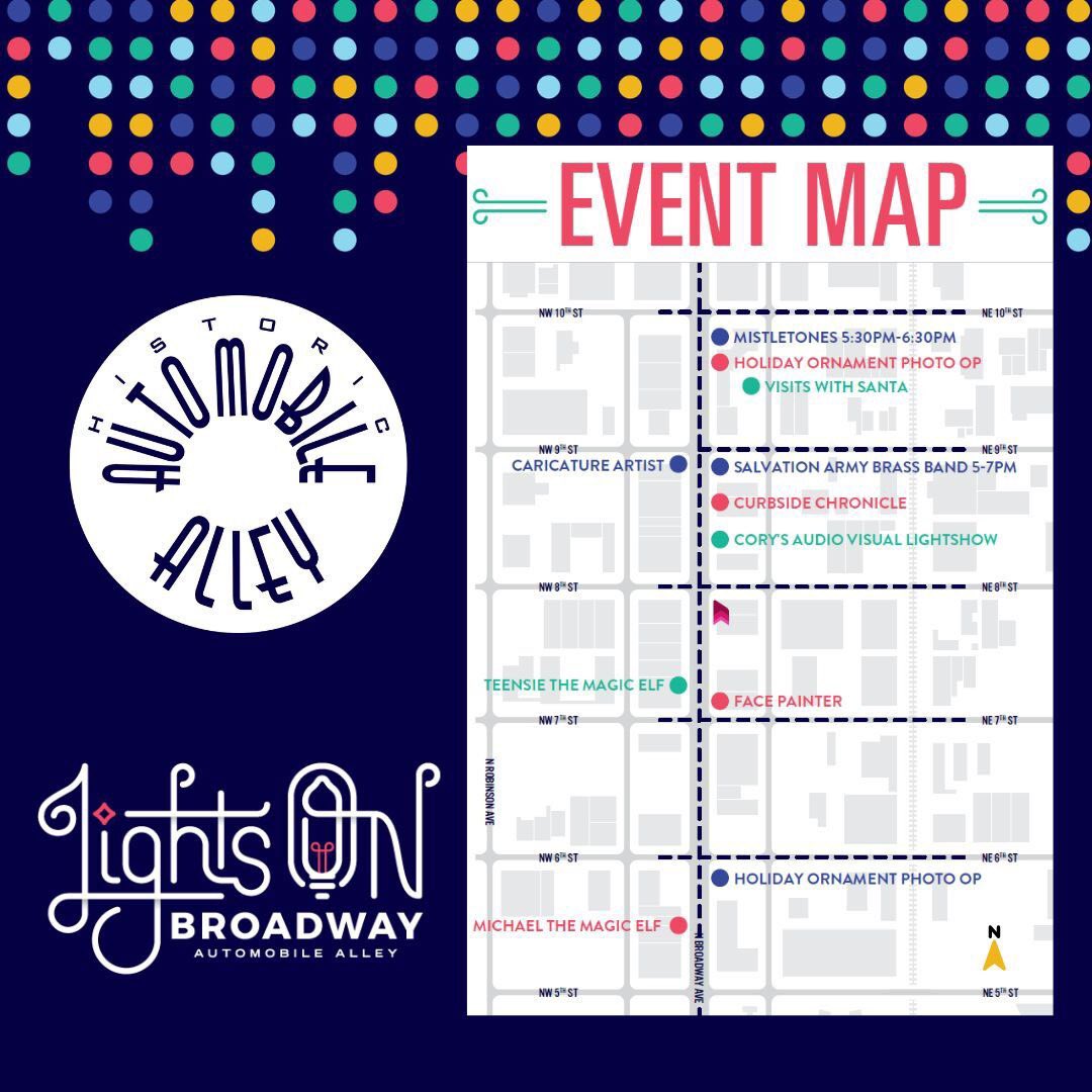 AutoAlleyOKC's tweet photo. Here is a little map of our Lights On Broadway programming and their locations along Broadway Avenue! On top of this programming, #AutoAlley shops will have their doors open with their own holiday programming and retail promotions! https://t.co/G8nGHPzwzW