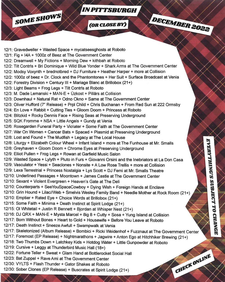 Here's a bunch of shows happening in Pittsburgh this month! I make these every month. They are in no way comprehensive so I encourage you to keep a look out for more or make your own. Save this to your phone, print it out and hang it somewhere in public, share with your friends!