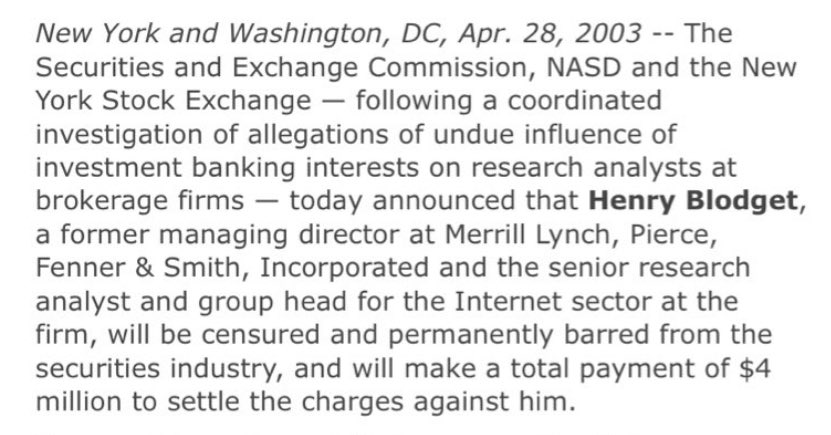 <a href="/hblodget/">Henry Blodget</a> Thank you for this misinformation nobody asked for Henry Blodget, former managing director at Merril Lynch, censured and permanently barred from the securities industry.