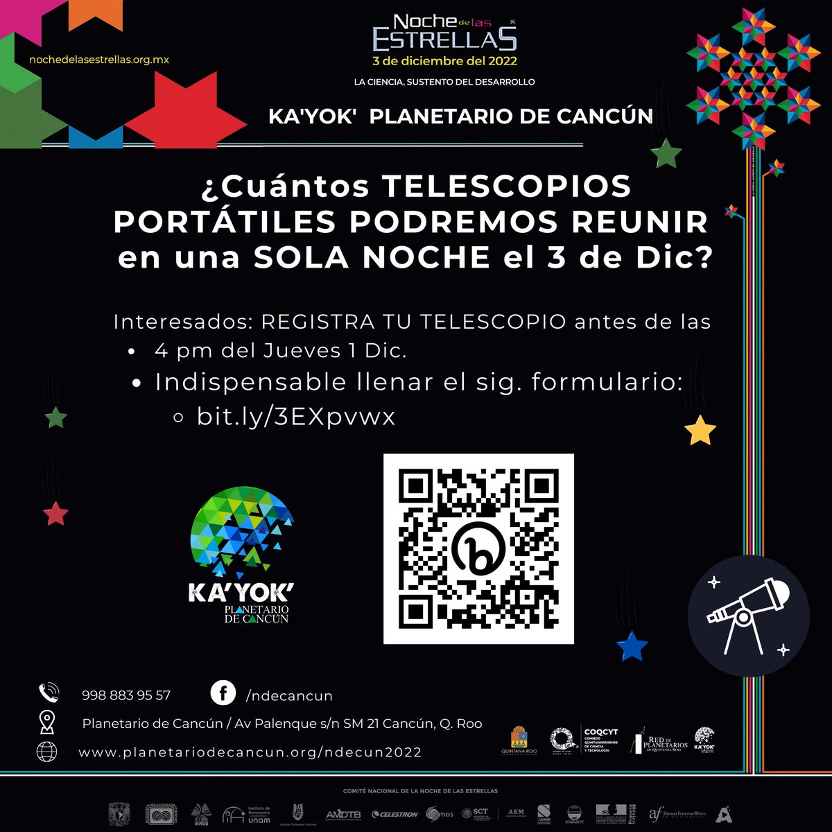 NDECun's tweet photo. ¿Quieres traer tu telescopio y compartirlo en LA NOCHE DE LAS ESTRELLAS del Planetario de Cancún @PlanetarioCun ? ¿Cuántos podremos reunir en la explanada?
Regístralo en:
https://t.co/CrjvefHOi2

#NDE2022 @NocheEstrellas @VivoEnCancun @Lizzysa https://t.co/3famXPpVGC