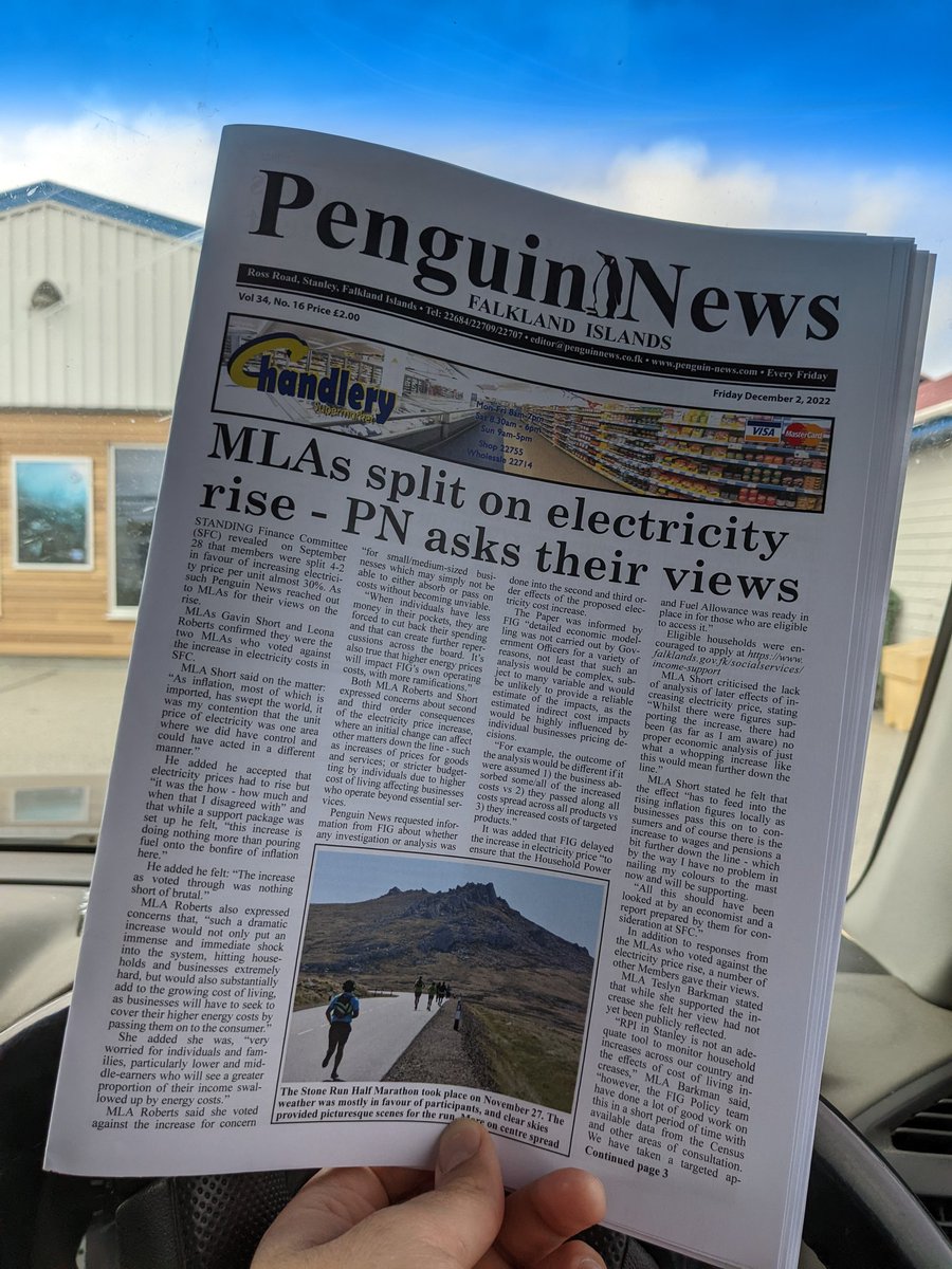 Another week, another paper, and my words on another front page of @PenguinNewsFI! Electricity prices have been rising here in the Falklands, after discovering the rice in electricity cost was cause for debate I spoke to members of @FalklandsGov about their individual views.