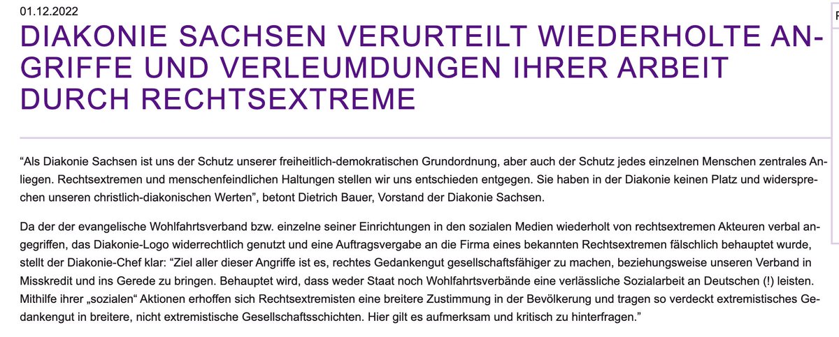 Pressemitteilung der #Diakonie #Sachsen von heute: 

Die Diakonie Sachsen verurteilt wiederholte Angriffe und Verleumdungen ihrer Arbeit durch Rechtsextreme. 

Die komplette Mitteilung gibt es hier: 
diakonie-sachsen.de/pressemitteilu…
