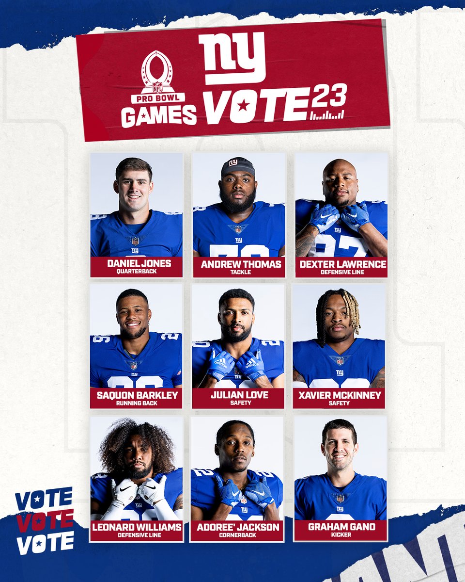 Giants's tweet image. 1 RT = 1 Pro Bowl Vote 

#ProBowlVote @Daniel_Jones10

#ProBowlVote @allforgod_55

#ProBowlVote @llawrencesexy

#ProBowlVote @saquon

#ProBowlVote @julianlove27

#ProBowlVote @mckinney15__

#ProBowlVote @leonardwilliams

#ProBowlVote @AdoreeKnows

#ProBowlVote @GrahamGano