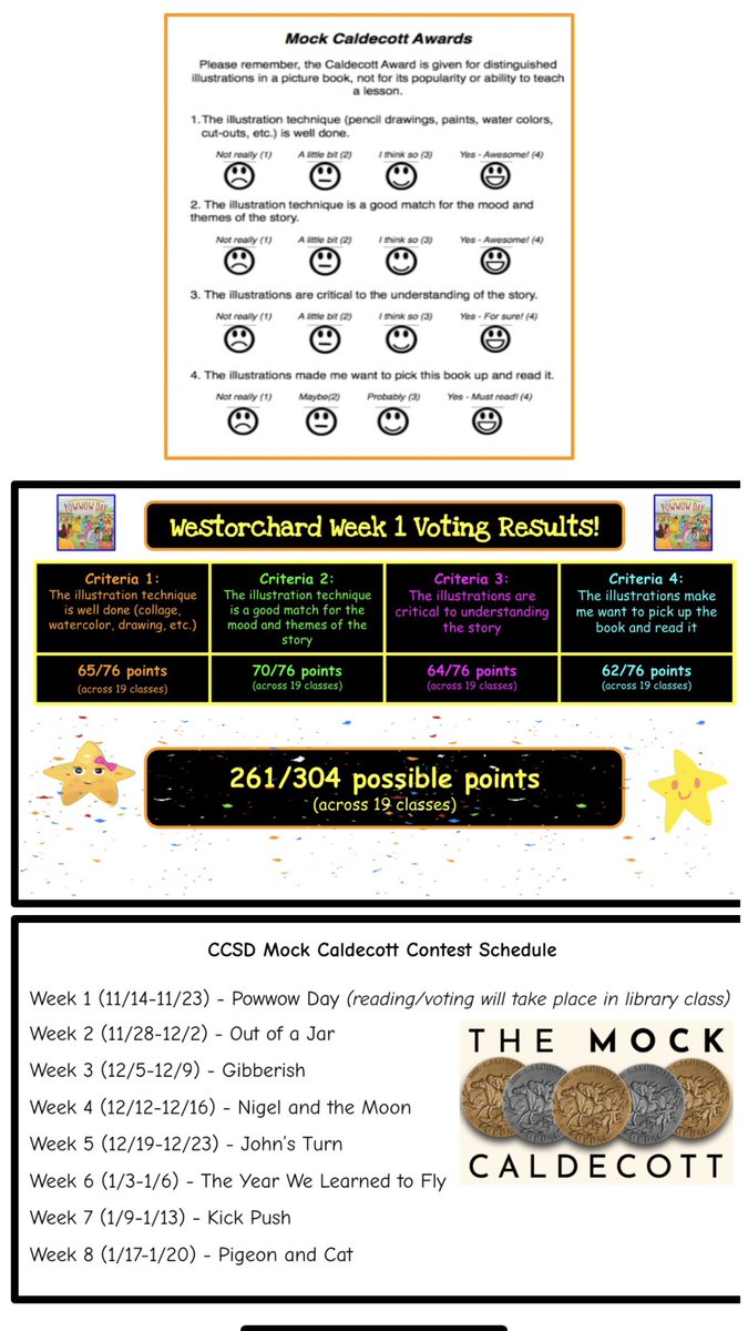 alissa_stoever's tweet photo. Words of the Week Double Feature - We are holding our first Mock Caldecott Contest at #WOSchool based on @MrSchuReads and @colbysharp’s list. Thank you to @AndreaSchaber for launching the experience &amp; @RachelCrognale for the amazing display!! #WeAreChappaqua https://t.co/KGhpnFknow