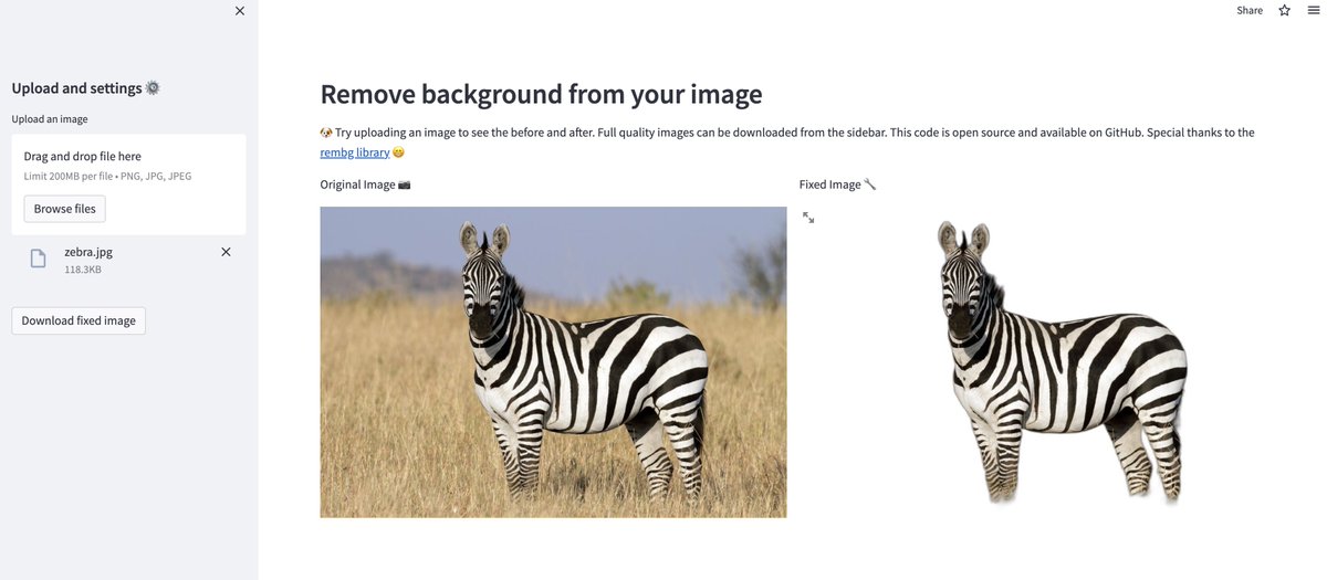 myelbows's tweet photo. Want to instantly extract the foreground object of an image? Free? Our very own @TYLERSlMONS has created an awesome app that does just that (https://t.co/OQ4B4ES8Yh) in 55 lines of Python using @streamlit and #rembg! 🦓 https://t.co/OBvx1vEipw