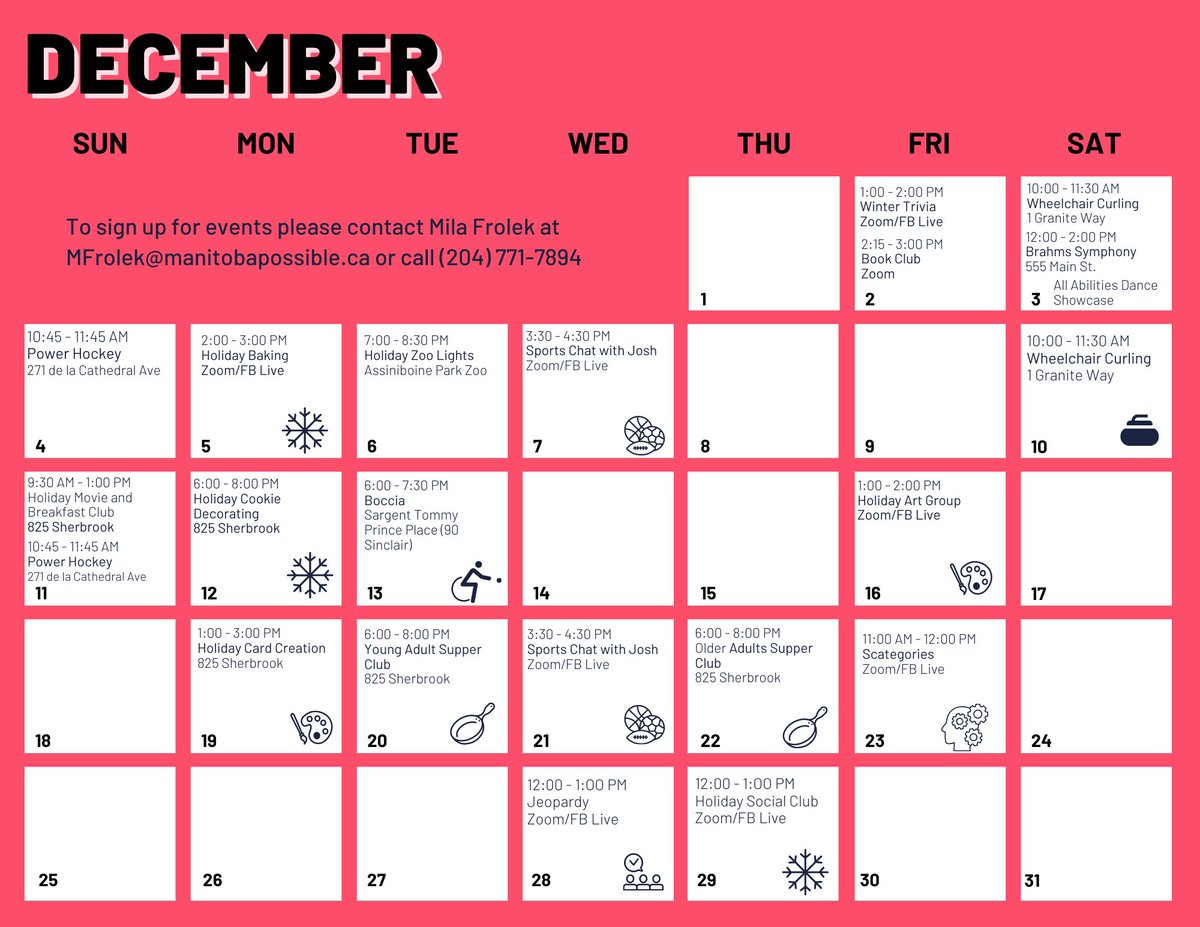 Happy first day of December! Our Recreation &amp; Leisure team has tons of fun activities for you.
To sign up for events please contact Mila Frolek at MFrolek@manitobapossible.ca or call (204) 771-7894

#Disability #inclusion #accessibility #makeitpossible #manitoba