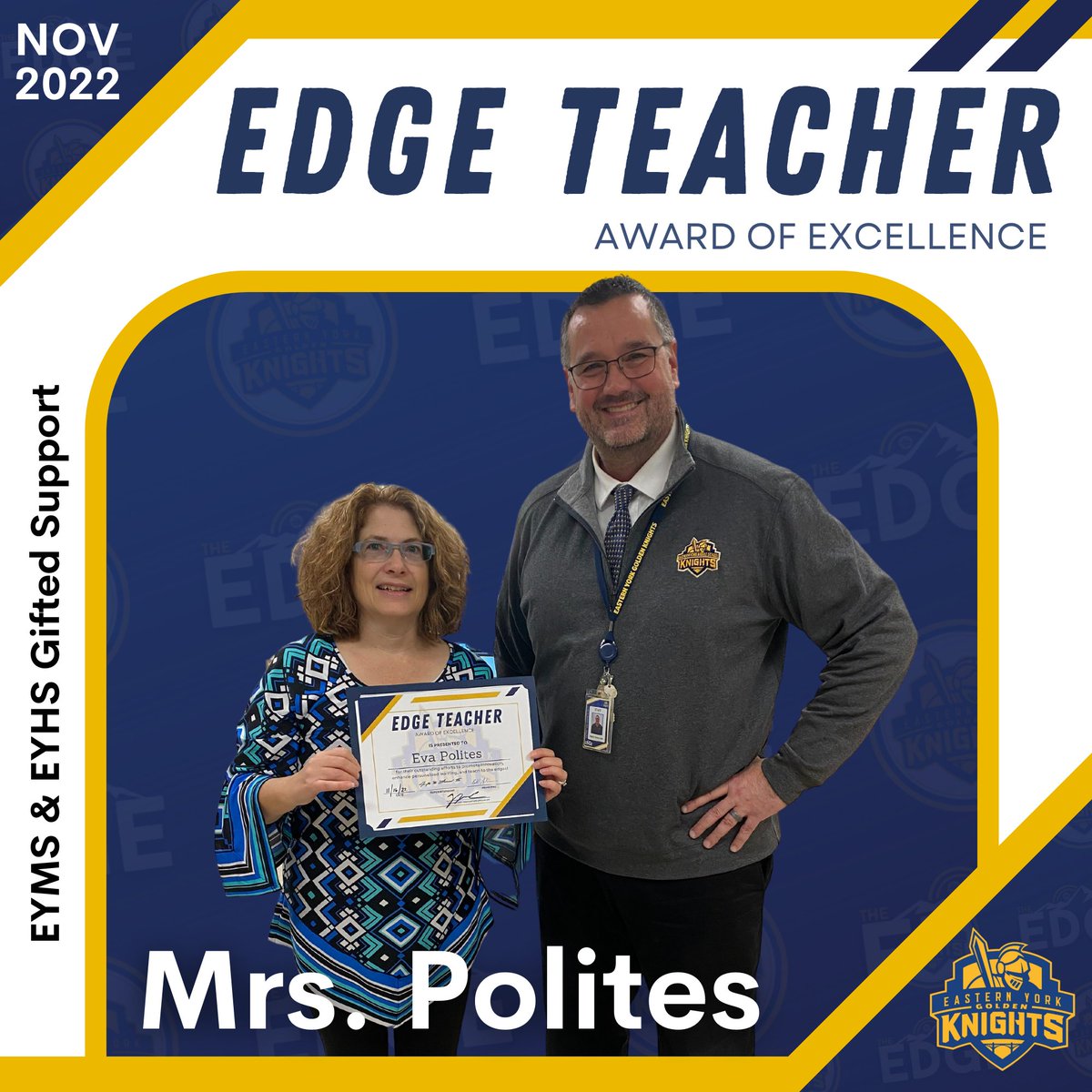 Shout Out📢to <a href="/eyms_york/">Eastern York Middle</a>'s Mrs. Polites for being awarded November's #edgeteacher! Mrs. Polites gifted seminars stretch the boundaries of her students' thinking and creativity, pushing them to further develop their giftedness. Congratuations Mrs. Polites! #teachingtotheedges