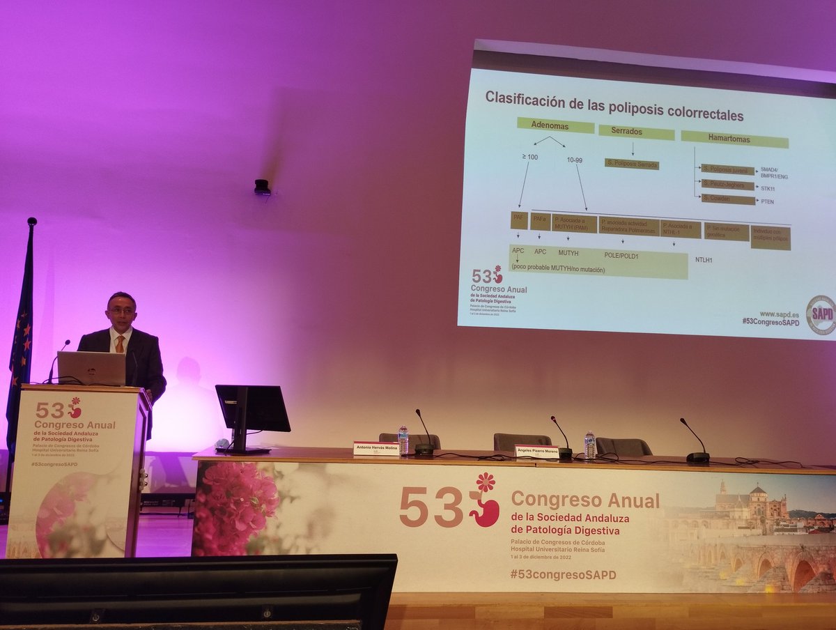 sapdes's tweet photo. Acabamos la jornada con el Escenario Clínicos #CCR.  Manejo del paciente con adenomas en tubo digestivo superior y tumor desmoide en la poliposis adenomatosa familiar moderado por @AngelesPizarro2 del @HospitalUVRocio y presentado por @antoniojhervas del @HUReinaSofi https://t.co/BU4txvniDu
