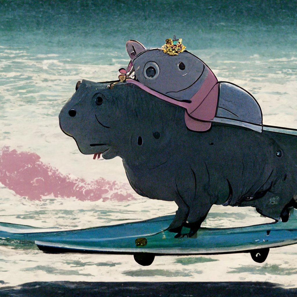 AutoLifehacker's tweet image. The real star is the surfboard.

Prompt: &quot;Princess Hippo riding a surfboard, by Studio Ghibli&quot; #PrincessHippo #Anime #MidJourney #AI #AIArt #GenerativeArt