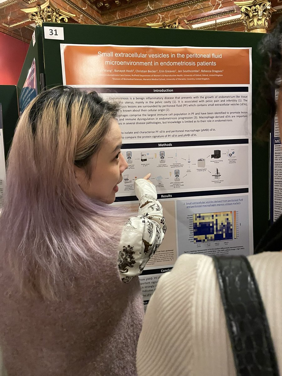 Excellent poster session at #UKEV2022 here is Yifan Wang <a href="/OxfordEndoCaRe/">OxfordEndoCaRe 🎗️</a> <a href="/Ox_wrh/">Nuffield Dept of Women's & Reproductive Health</a> presenting her work on EVs in endometriosis with <a href="/BecDragovic/">Bec Dragovic</a>