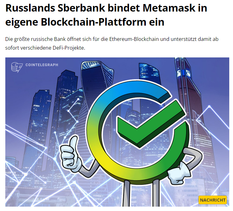 🔥 der nächste Schritt in der #crypto #Welt 📢

#Sberbank bindet #ETH #Blockchain an

de.cointelegraph.com/news/russias-s…

#btc #TRX #blockchain #Solana #Bitcoin #NFTs #cryptocurrencies #Metamask #russia  <a href="/DECointelegraph/">Cointelegraph auf Deutsch</a> #dapp #smartcontract