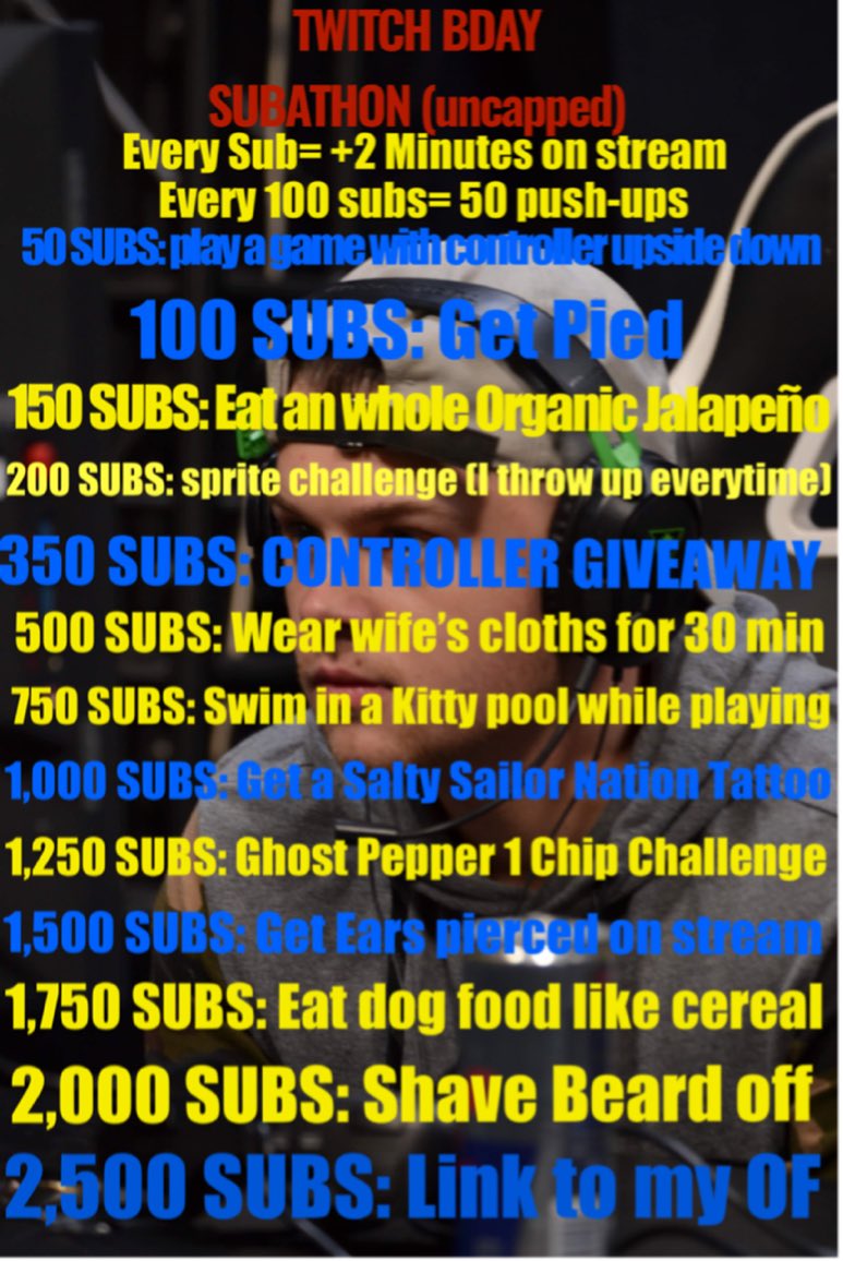 sailorkevie1's tweet photo. MY 3rd TWITCH BDAY AND FIRST UNCAPPED SUBATHON STARTS TOMORROW!

Here are the challenges, All live 
TTV/Sailorkevie https://t.co/MmUvZrE8Nx