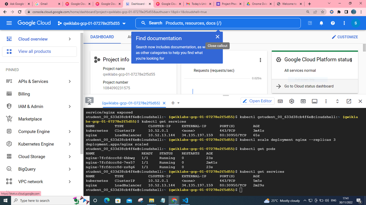 OOviero's tweet photo. #GADS2022
#ProjectPhase
#Cloud
#Google #Kubernetes #Engine

In this lab, 
I confirmed that the needed APIs are enabled.
- I started a Kubernetes Engine #Cluster
- Ran and deployed a container.

#Gads2022
#Gadsat5
#myGadsStory
@AndelaCommunity
@GwGAfrica
@Pluralsight https://t.co/0VkJq8Izes