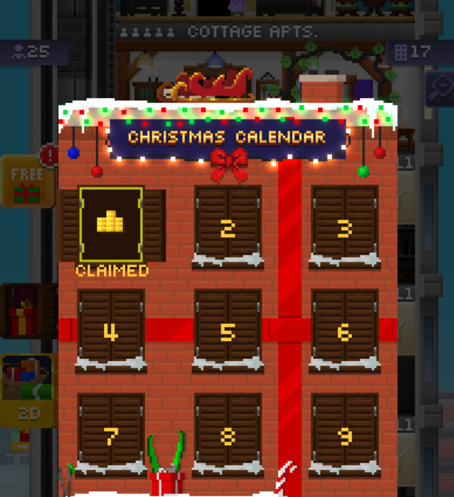 thetinytower's tweet image. Have you already claimed your first holiday gift? 🎁 Get it now in the in-game Christmas calendar! 🎄

#TinyTower #Nimblebit #HappyHolidays