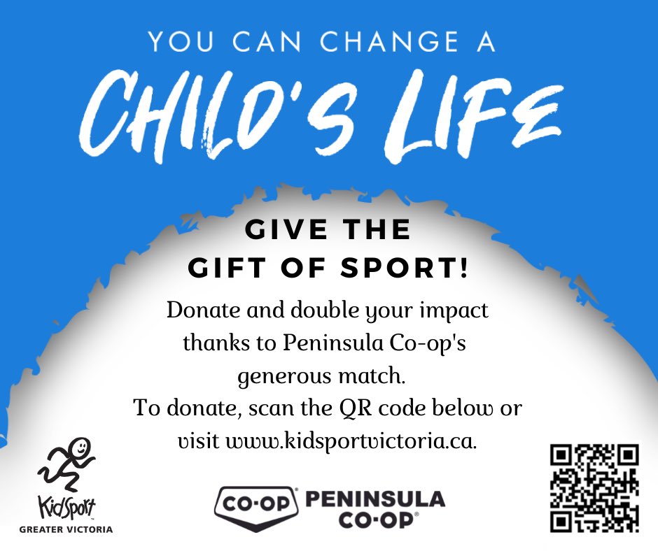 It’s that time of year again: double your impact through Give the Gift of Sport!  Huge thanks to <a href="/peninsulacoop/">Peninsula Co-op</a> for again this year matching the first $15,000 in donations received to KidSport Greater Victoria. 
To donate, scan the QR code or visit kidsportvictoria.ca.