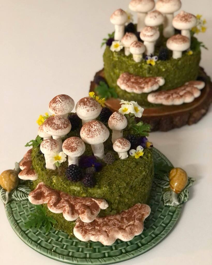 Fungi and moss cakes - like a beautiful damp woodland floor. 

Lying on a mossy lawn is my happy place and I’m currently reading a book about fungi (Entangled Life by Merlin Sheldrake) so this seemed an appropriate choice for this week’s Yoga social with… instagr.am/p/ClovbQIjg93/