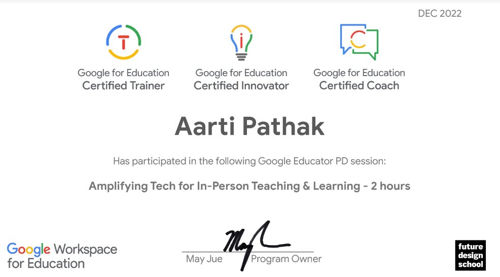 Loved the session! 
Great takeaways.
'Amplifying Tech for In-person Teaching &amp; Learning' 
#GoogleEducatorPD 
<a href="/mayyoulee/">May Jue</a>
<a href="/D_Rutherford_8/">Diane Rutherford</a>
<a href="/edtechtest/">Sandra Nagy</a>  <a href="/fdesignschool/">future design school</a> 
Ms.Sandra and Ms.Diane, you were amazing!
Thank you so much.