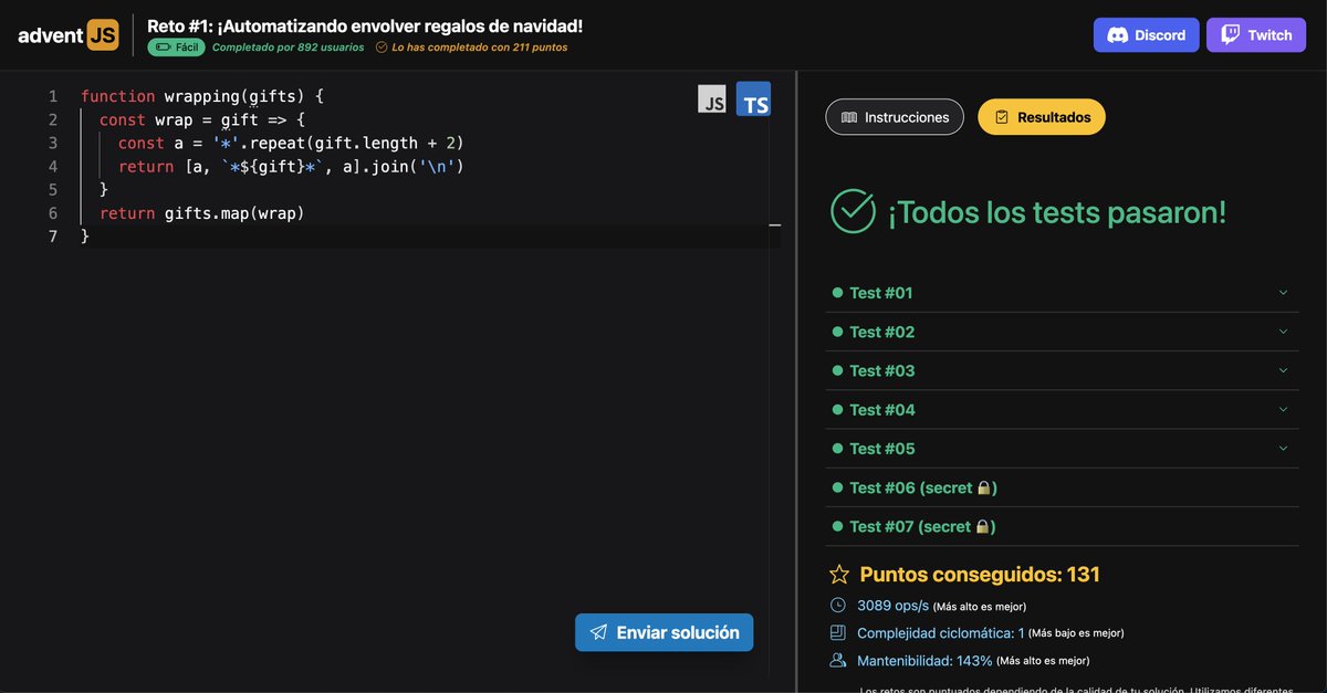 ¡Ya está disponible el primer reto de AdventJS!

No puedo describir lo feliz y emocionado que estoy. 🥺

Han sido muchas horas de trabajo y programación.

Queda alguna cosa por pulir pero...

Ojalá os guste y lo disfrutéis tanto como yo. ❤️

🔗 adventjs.dev