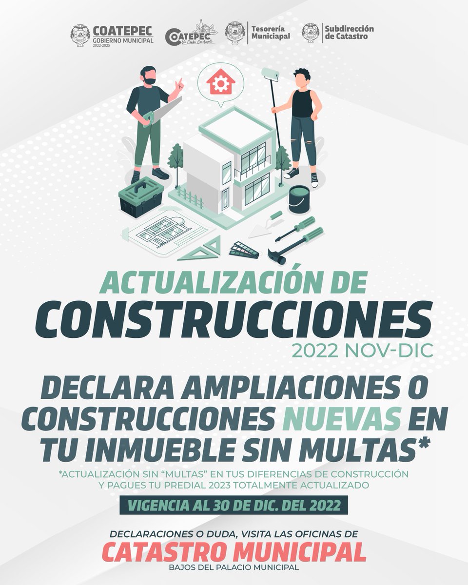 El H. Ayuntamiento de Coatepec a través de catastro municipal invitan a que acudas durante el mes de diciembre a declarar las ampliaciones o las construcciones nuevas con las que cuente tu inmueble de forma gratuita.
 
#Coatepec
#UnCambioConOrgullo
