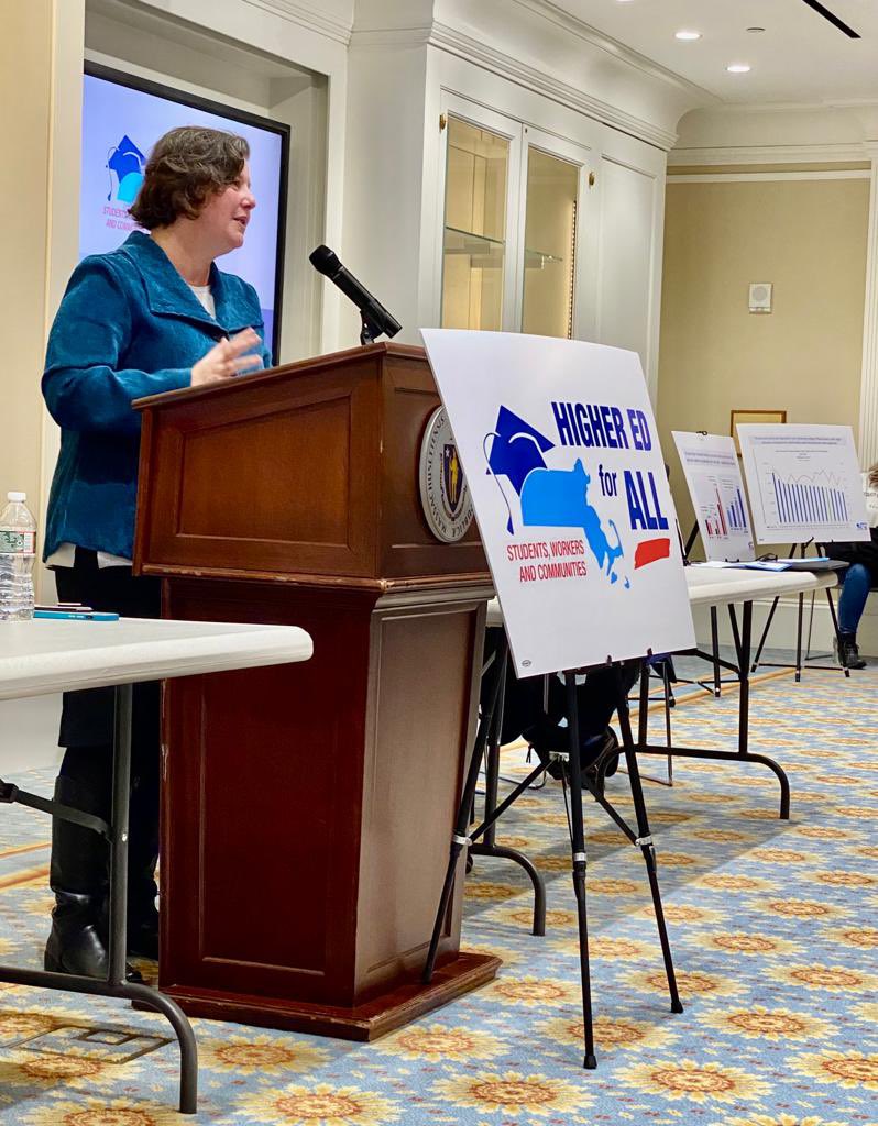 JamieEldridgeMA's tweet photo. Today’s #highered4all presser of @MTAGrassroots, @AFTMass, #UMass, community college, student & business leaders was truly energizing, w/ memories of #PROMISEAct rally 4 years ago! Now is the moment for #maleg & Governor to transform public higher ed & vocational school systems! https://t.co/Z8EgKQXcrc