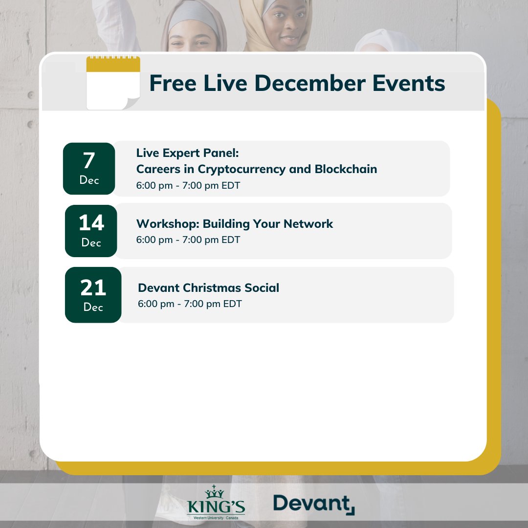 Join Devant's upcoming live virtual career development events this December!

Register here: devant.ca/all-events?r_d…

#kingsatwestern #kingsinternational #careerdevelopment #internationalstudents