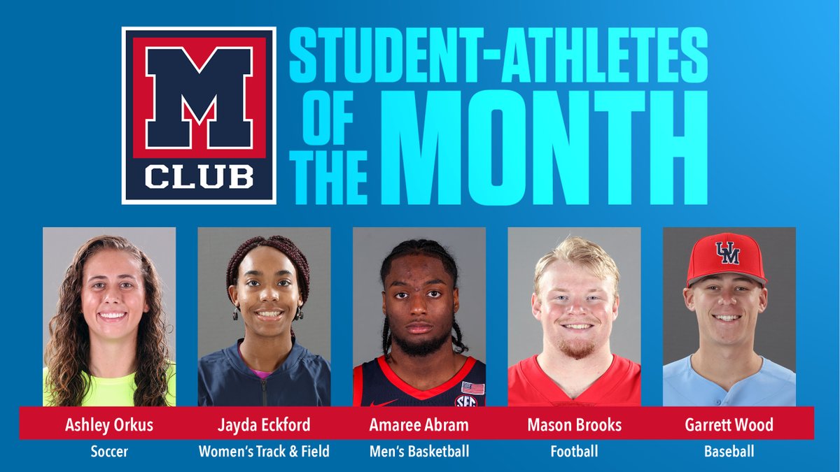 Congratulations to our December <a href="/OleMissMClub/">Ole Miss M-Club</a> Student-Athletes of the month!

<a href="/ashorkus24/">Ashley Orkus</a> - <a href="/OleMissSoccer/">Ole Miss Soccer</a> 
<a href="/JaydaEckford/">Jayda Eckford</a> - <a href="/OleMissTrack/">Ole Miss Track & XC</a> 
<a href="/amareeabram/">Amaree Abram</a> - <a href="/OleMissMBB/">Ole Miss Men’s Basketball</a> 
<a href="/maseb82/">Mason Brooks</a> - <a href="/OleMissFB/">Ole Miss Football</a> 
@Gwood22Wood - <a href="/OleMissBSB/">Ole Miss Baseball</a>