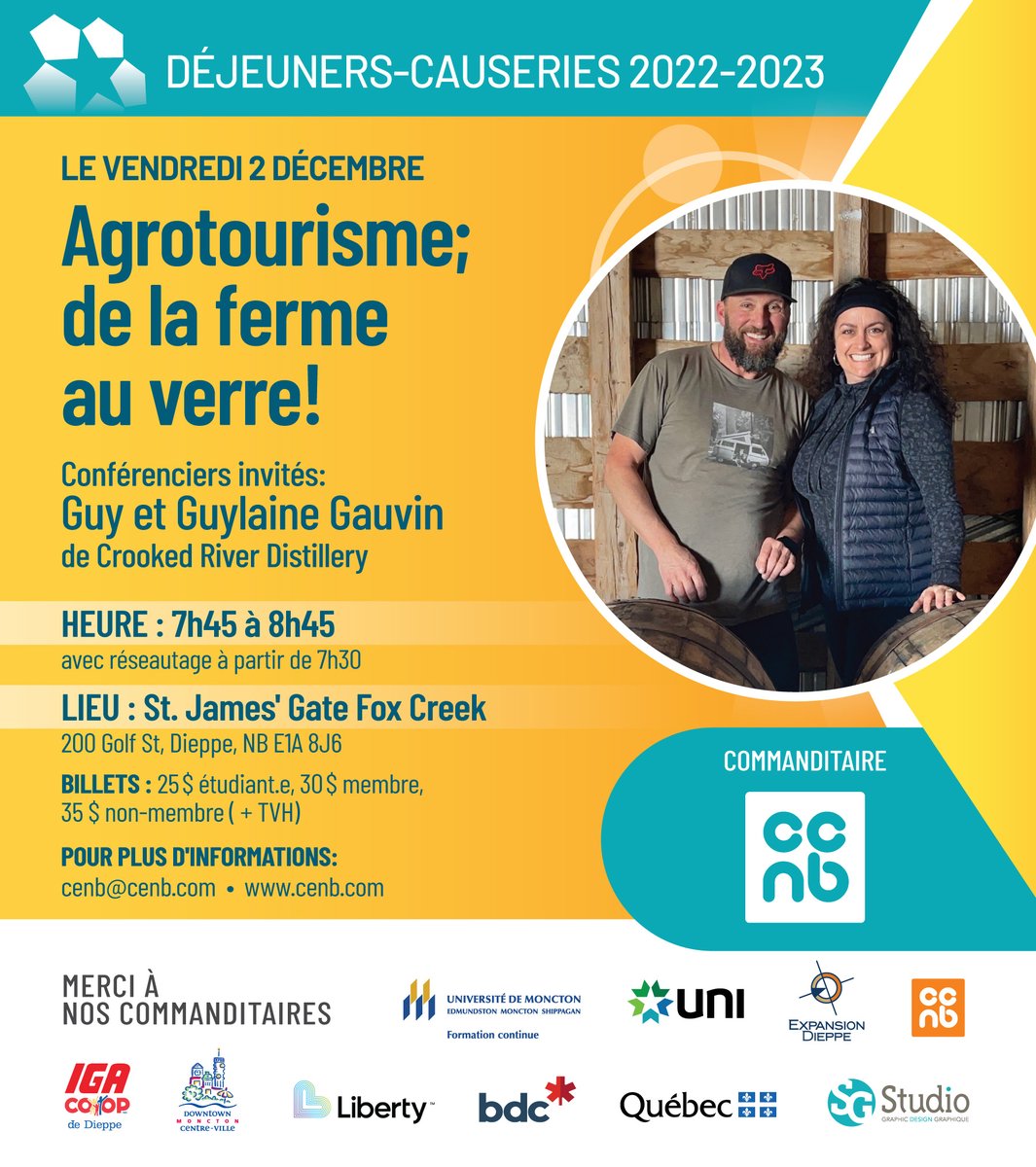 Joignez-vous à nous demain matin pour un déjeuner-causerie avec nos conférenciers invités Guy et Guylaine Gauvin de #CrookedRiverDistillery! Billets en vente en ligne bit.ly/3ueEaNO ou à la porte! Merci au commanditaire @ccnb
#Dieppe #Moncton #Riverview #CÉNB #réseautage