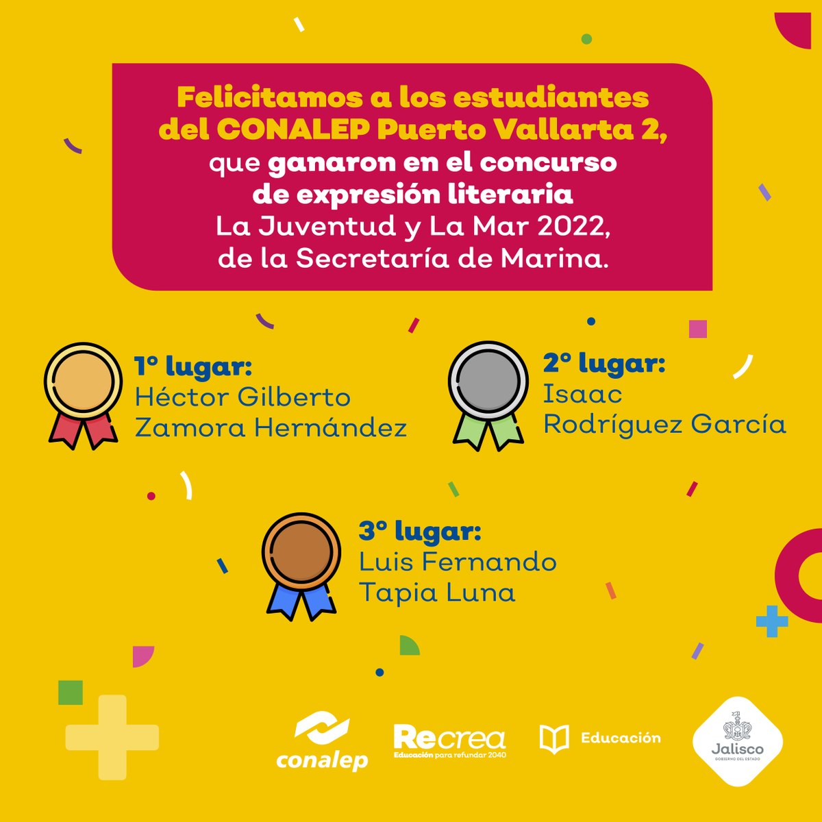 SecEducacionJal's tweet photo. Muchas felicidades a los tres talentosos alumnos del @ConalepJal, plantel Puerto Vallarta 2, por ser los triunfadores de nuestro estado, en el concurso de expresión literaria La Juventud y La Mar 2022, de la @SEMAR_mx. ¡Muchas gracias por poner en alto el nombre de #Jalisco! https://t.co/EdnyWonLkG