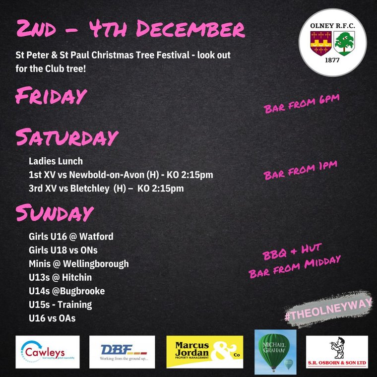 This weekend at the Club

Saturday sees home games for 1st XV vs Newbold on Avon and 3rd XV vs Bletchley

Sunday sees Girls, Juniors and Minis head to the 4 corners of the region...

#TheOlneyWay
olneyrfc.co.uk/news/this-week…